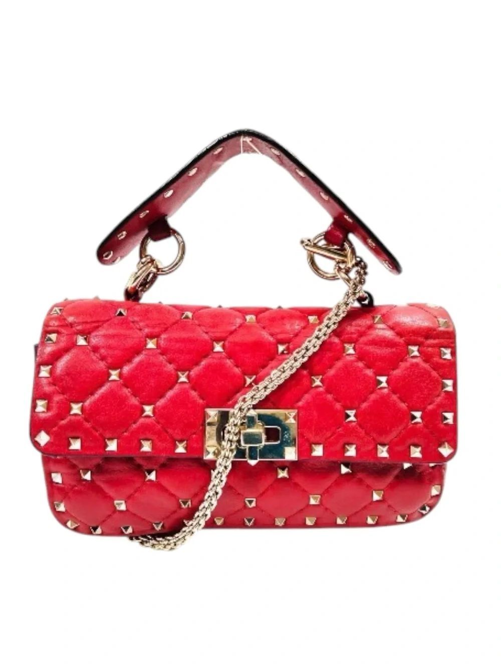 Valentino Garavani Red Quilted Spike Rockstud Top Handle Satchel Crossbody Bag